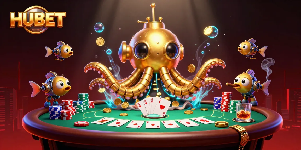 Experience thrilling moments at HUBET with a golden kraken submarine and poker elements.