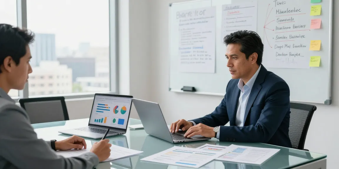 Consultor de servicios SEO locales analizando estrategias de marketing digital en oficina moderna