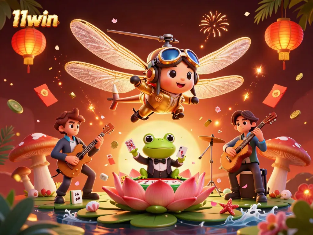 Experience 11win's vibrant casino atmosphere with animated characters and floating game elements.