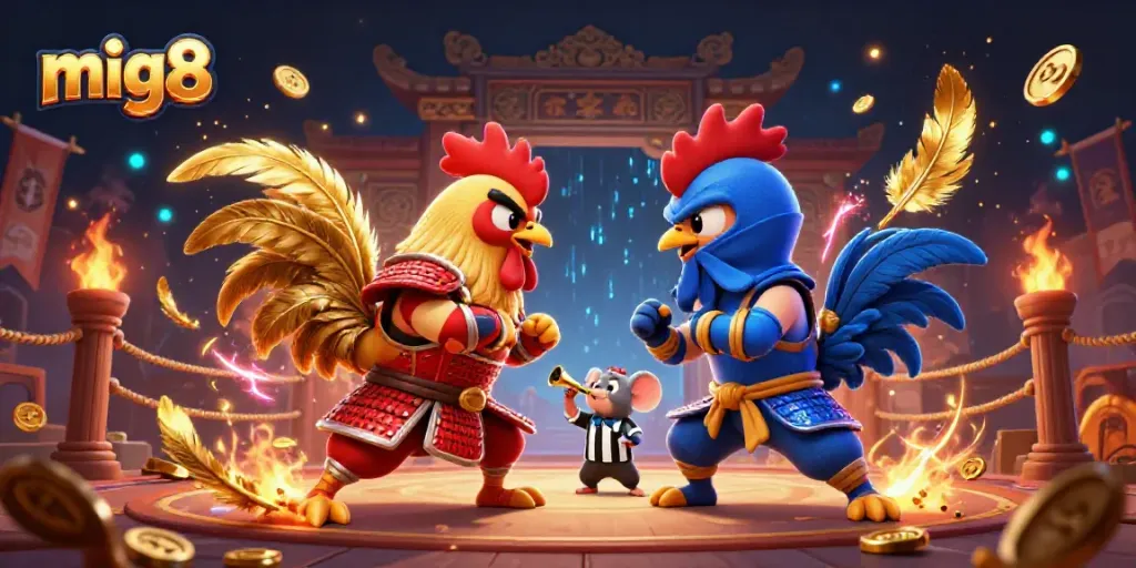 Experience the dynamic clash in a mig8 rooster fighting scene with golden feathers in the air.