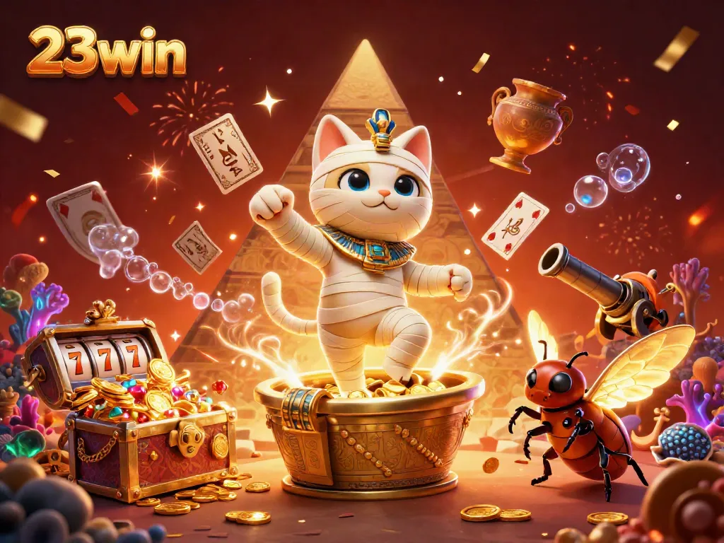 Engage in thrilling casino moments with 23win featuring a mummy cat and slot machine action.