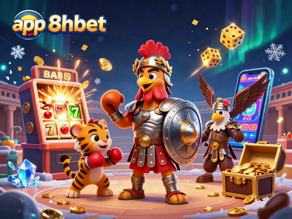Engage with the thrilling app 8xbet as a gladiator rooster celebrates jackpot wins in a dynamic casino scene.