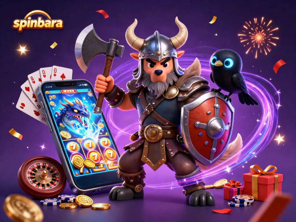 Spinbara showcases thrilling slot gaming with Viking imagery, dragon, and casino elements.