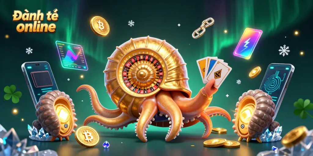 Engage in Đánh đề online with 3D cartoon characters holding cards, Bitcoin coins, and glowing ammonite fossils.