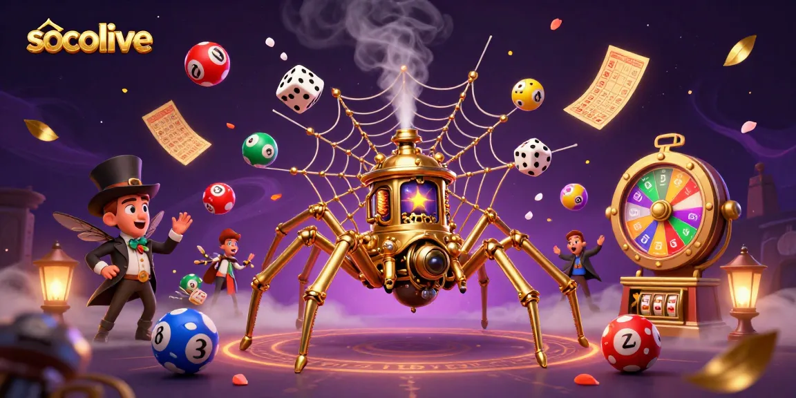 socolive spins colorful lottery balls with a steampunk spider catching dice, creating an engaging casino atmosphere