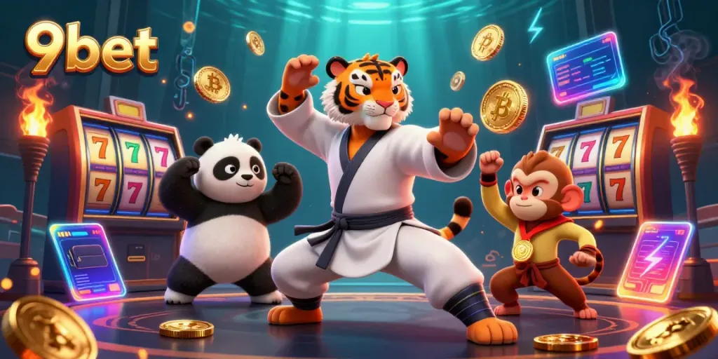 Experience exciting gameplay at 9bet with a vivid scene featuring playful characters and glowing casino elements.