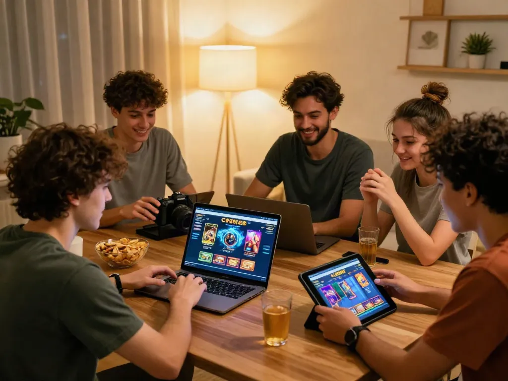 Friends enjoying online games on C168 platform in a cozy setting.