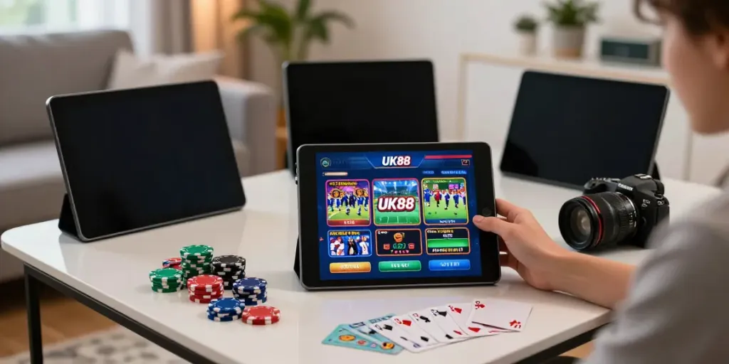 Person enjoying UK88 online gaming in a cozy living room, showcasing vibrant setup and engaging atmosphere.