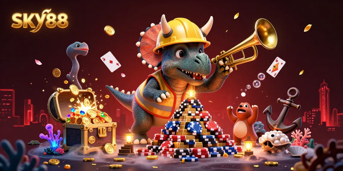 Experience thrilling gambling moments with SKY88 in a dynamic 3D casino scene filled with celebration and excitement.