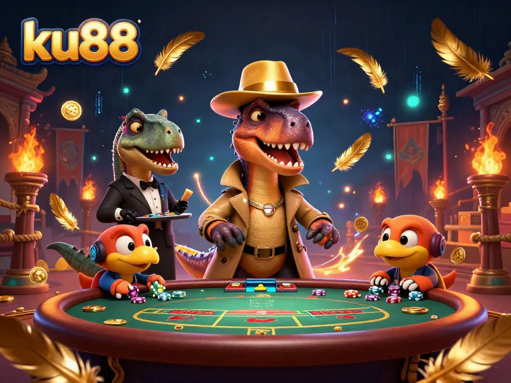 ku88 velociraptor card counter attempting to blend in at a blackjack table with a stegosaurus pit boss watching