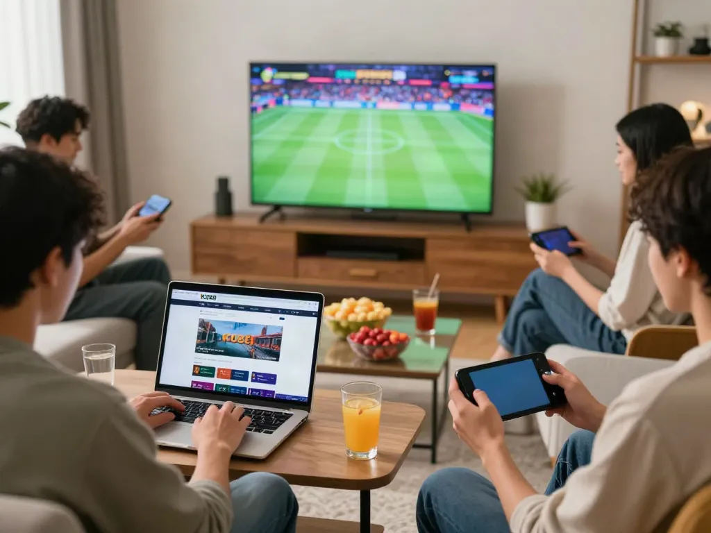 People enjoying online gaming on KU88 in a cozy living room, engaging with devices, and watching sports.