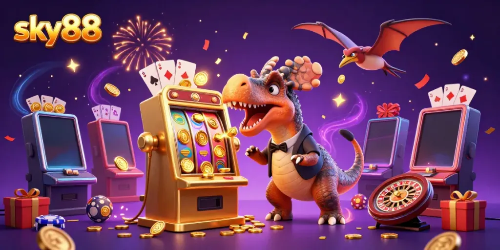 Catch golden coins with sky88 at the exciting casino scene featuring dynamic gaming elements.