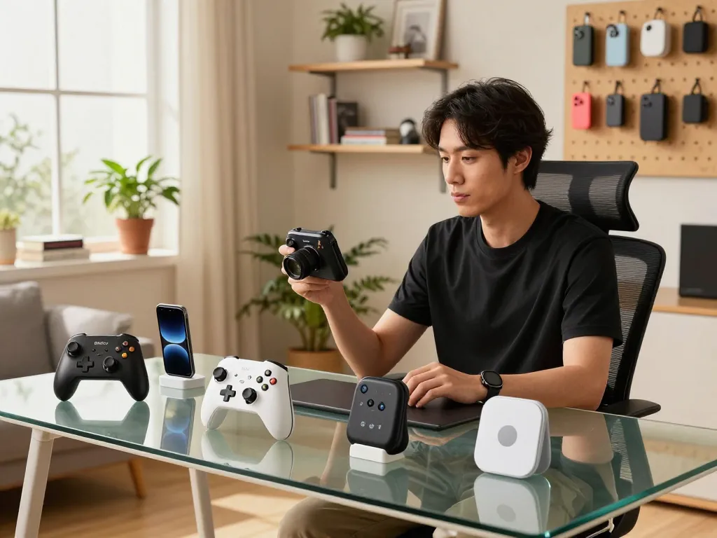Showcase of unique tech gadgets including controllers, Bluetooth transmitters, and trackers in a stylish home office.