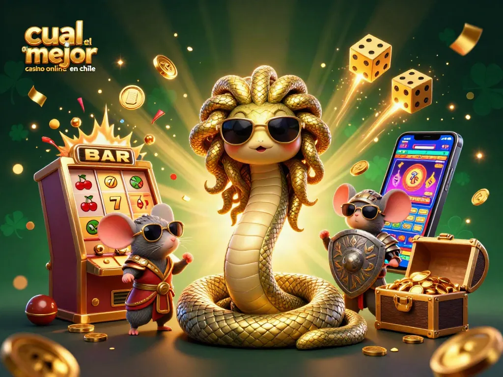 Ilustración 3D de "cual es el mejor casino online en Chile" con personajes de mitología y elementos de juego de casino.