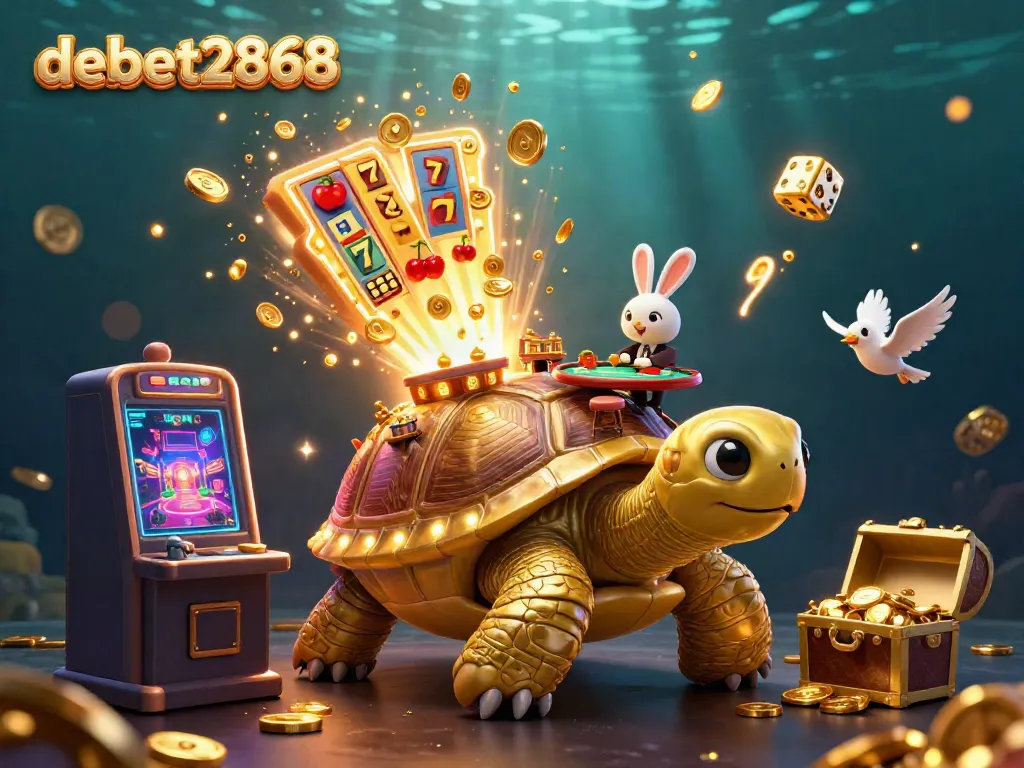 Spin to win at debet2868 with vibrant visuals of a golden tortoise casino scene featuring dynamic slot bursts.