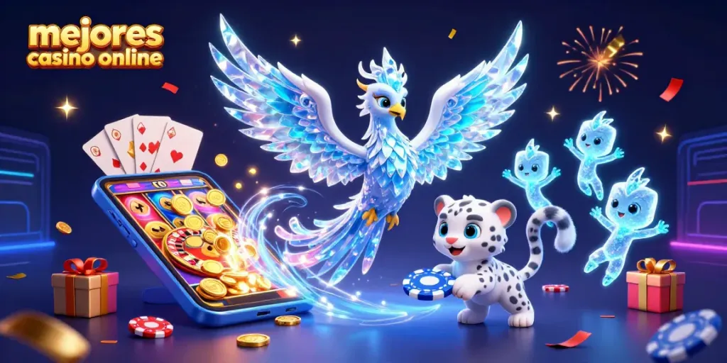 Los mejores casinos online destacan en una ilustración vibrante con personajes de casino encantadores y juegos emocionantes.