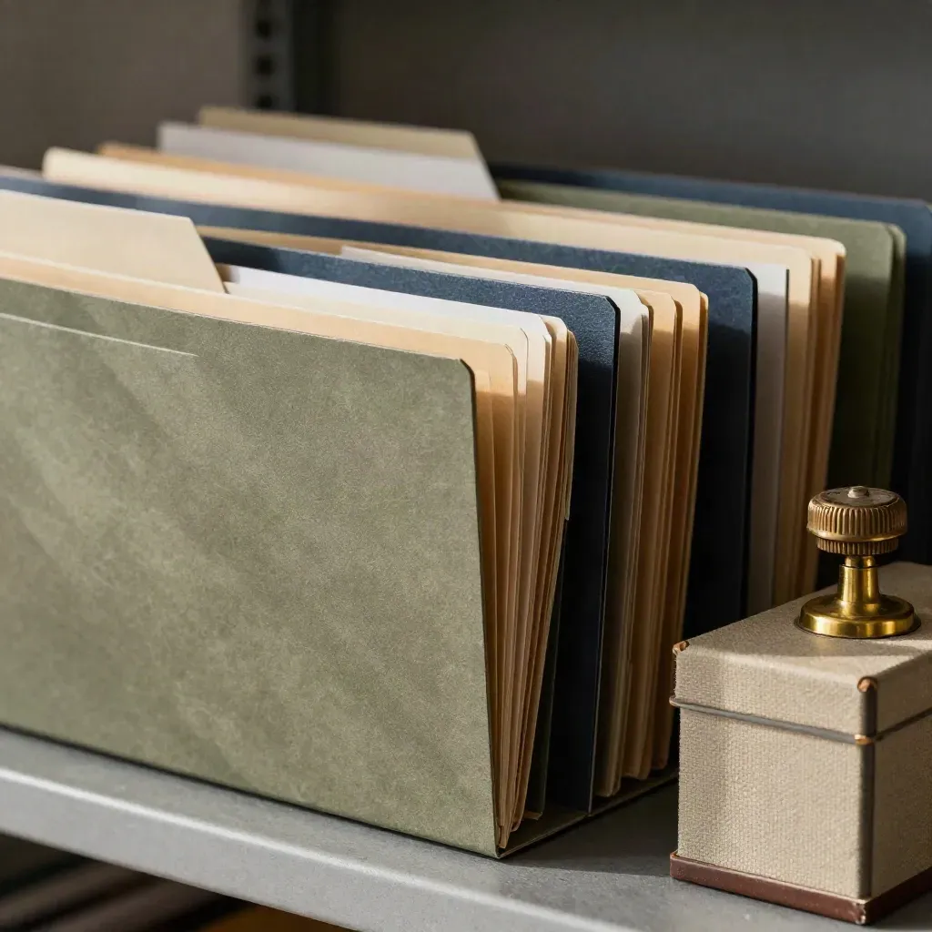 Carpetas archivadas, contador de latón y caja de archivo sobre repisa oscura.