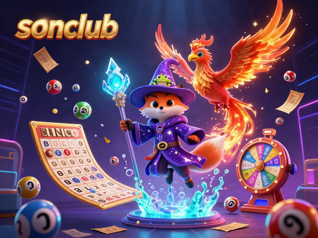 Experience thrilling action in sonclub with mystical fox wizard, phoenix, and vibrant gaming elements.
