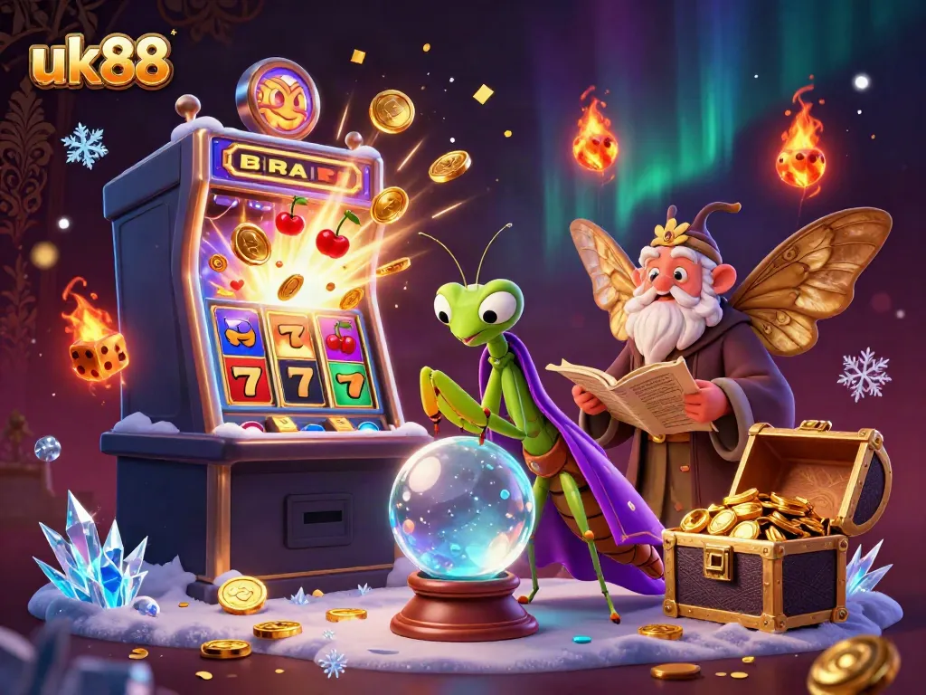 Experience the thrilling casino world at uk88 with a vibrant scene featuring mystical characters, slot machines, and overflowing treasure.