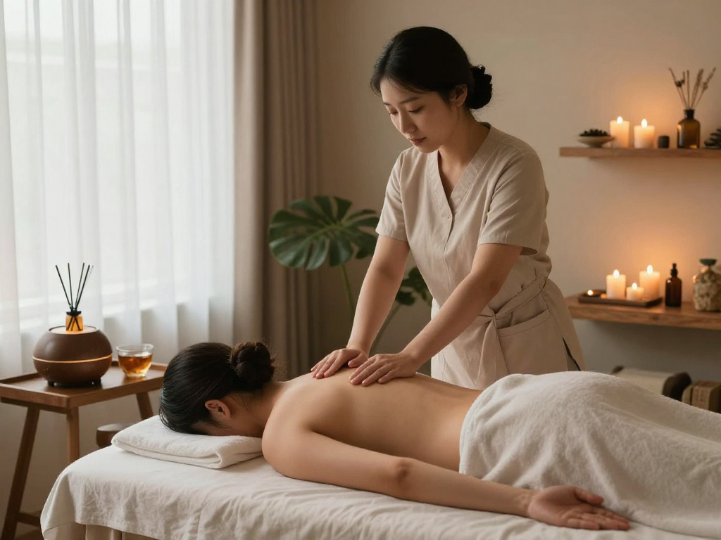 마포출장마사지 therapy session in a serene wellness studio with soft lighting and calming elements.