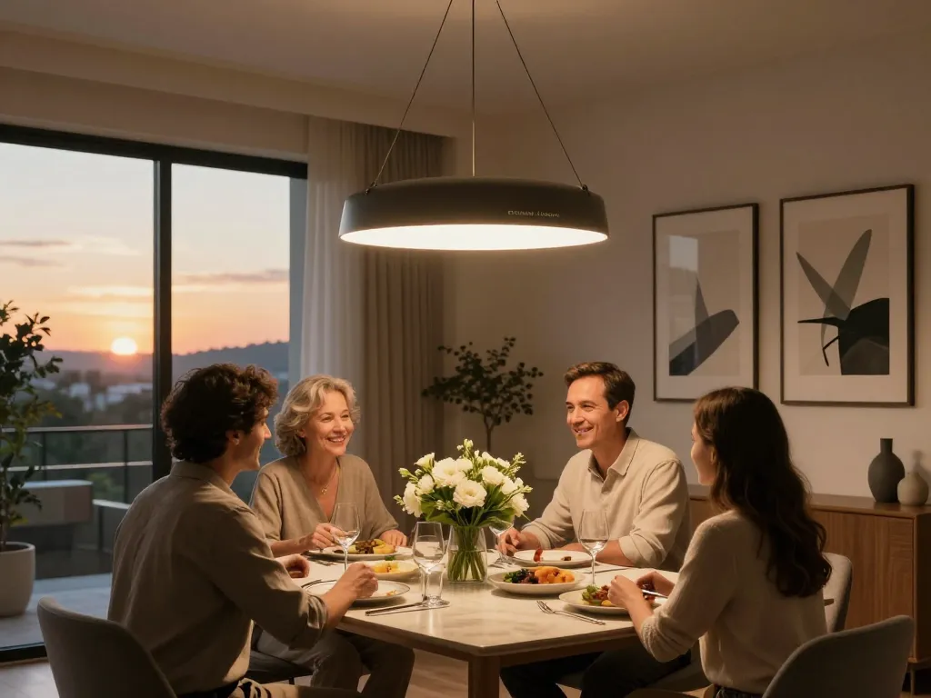 Lámparas colgantes Steinhauer Exclusive iluminando un elegante comedor con luz cálida y decoración moderna.