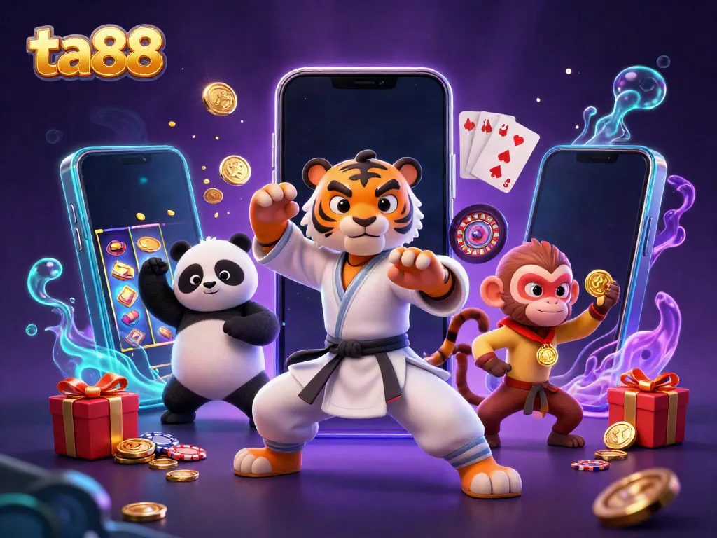 Experience thrilling gambling with ta88: a kung fu tiger alongside characters in an exciting casino scene.