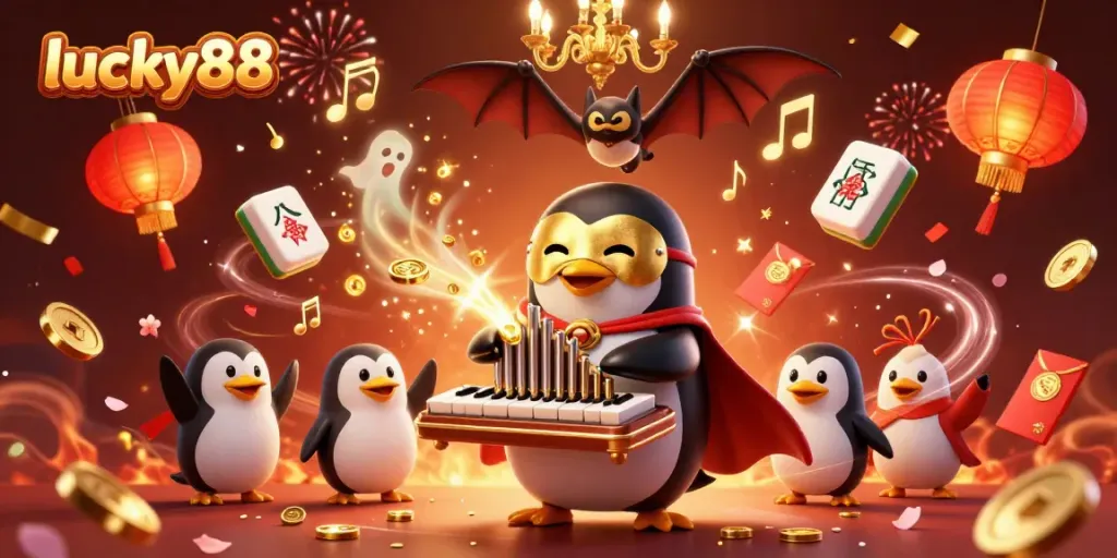 Experience the magic of lucky88 with a vibrant scene featuring a charming penguin playing an organ that shoots golden coins.