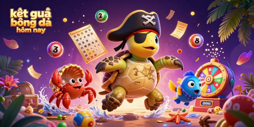 Follow the kết quả bóng đá hôm nay with a dynamic scene featuring a pirate turtle, crab, and fish surrounded by lottery elements.
