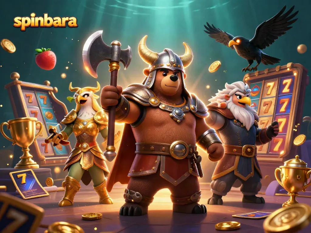 Spinbara showcases an action-packed casino scene with Viking characters and dynamic slots.