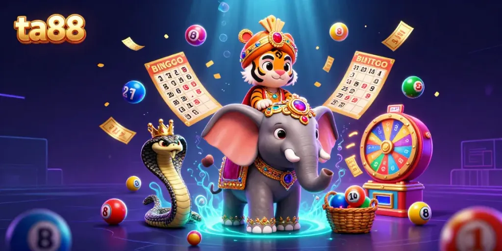 Engage with ta88's vibrant casino world filled with lottery balls, prizes, and dynamic characters.