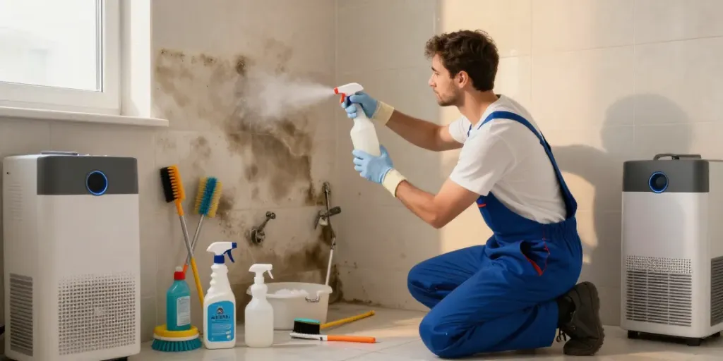 Desinfección de moho en Barcelona con un profesional aplicando un solvente en un baño.