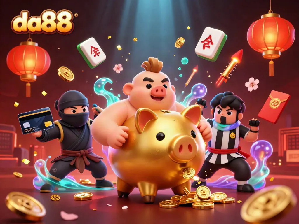 Experience the thrill of da88 with a dynamic scene featuring a golden piggy bank sumo wrestler amid stunning casino elements.