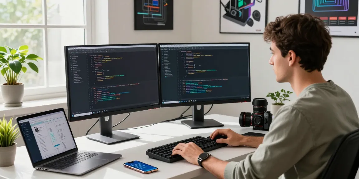 快连开发者专注于现代办公桌前的代码调试，桌上有多台显示器和技术小工具，流露出活力的工作氛围。