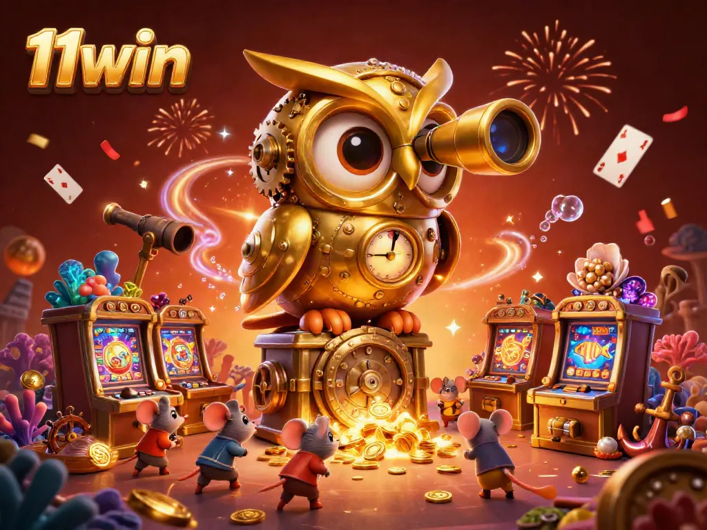 Engage with 11win's captivating casino adventure featuring a golden owl and animated mice amidst dazzling wins.