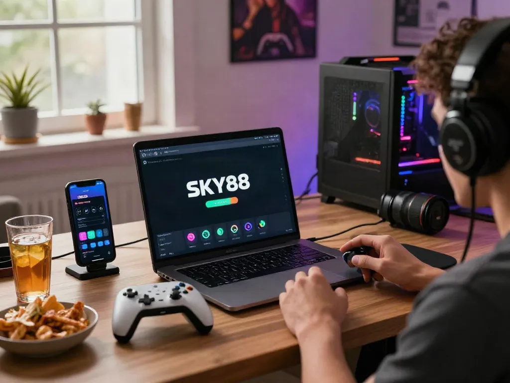 Engaged user experiencing SKY88 online gaming setup with vibrant lighting and modern devices.