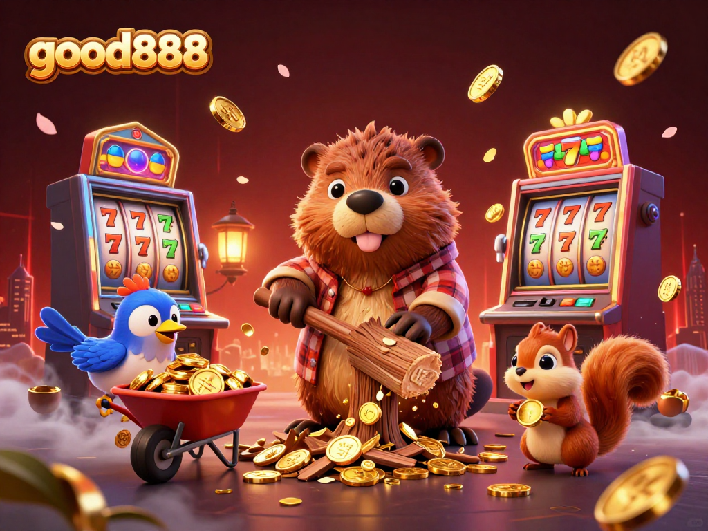 Engage with good888 as the cartoon beaver celebrates wins amidst golden coins raining from a jackpot tree in a bustling casino.