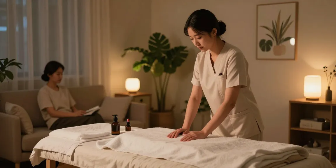 출장마사지 service in a tranquil home setting, showcasing a professional therapist preparing for a relaxing session.