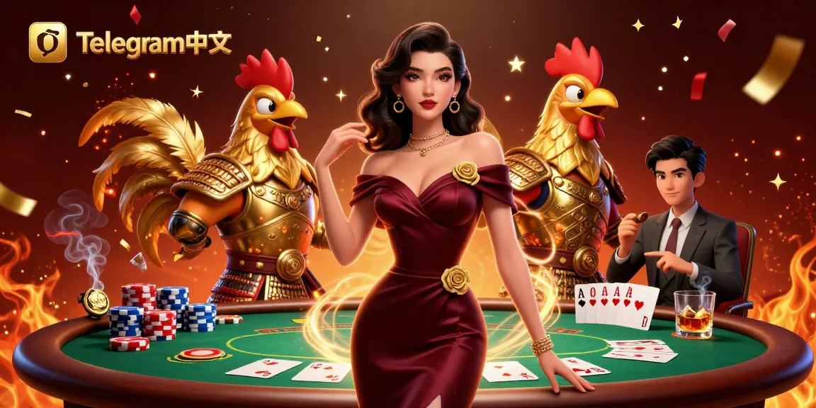 通过生动的扑克游戏插图与Telegram中文互动，图中有一位迷人的女性和一位金色公鸡战士。