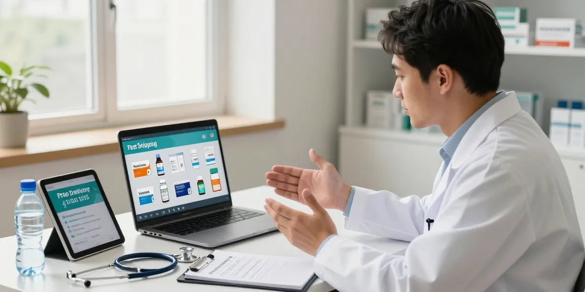 Buying Kamagra online with a pharmacist during a virtual consultation at a modern pharmacy.