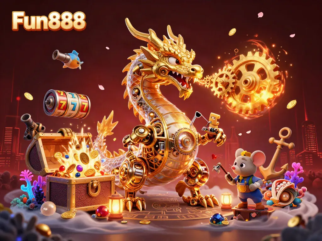 Experience thrilling gameplay with Fun888 featuring a golden dragon and dynamic slot elements