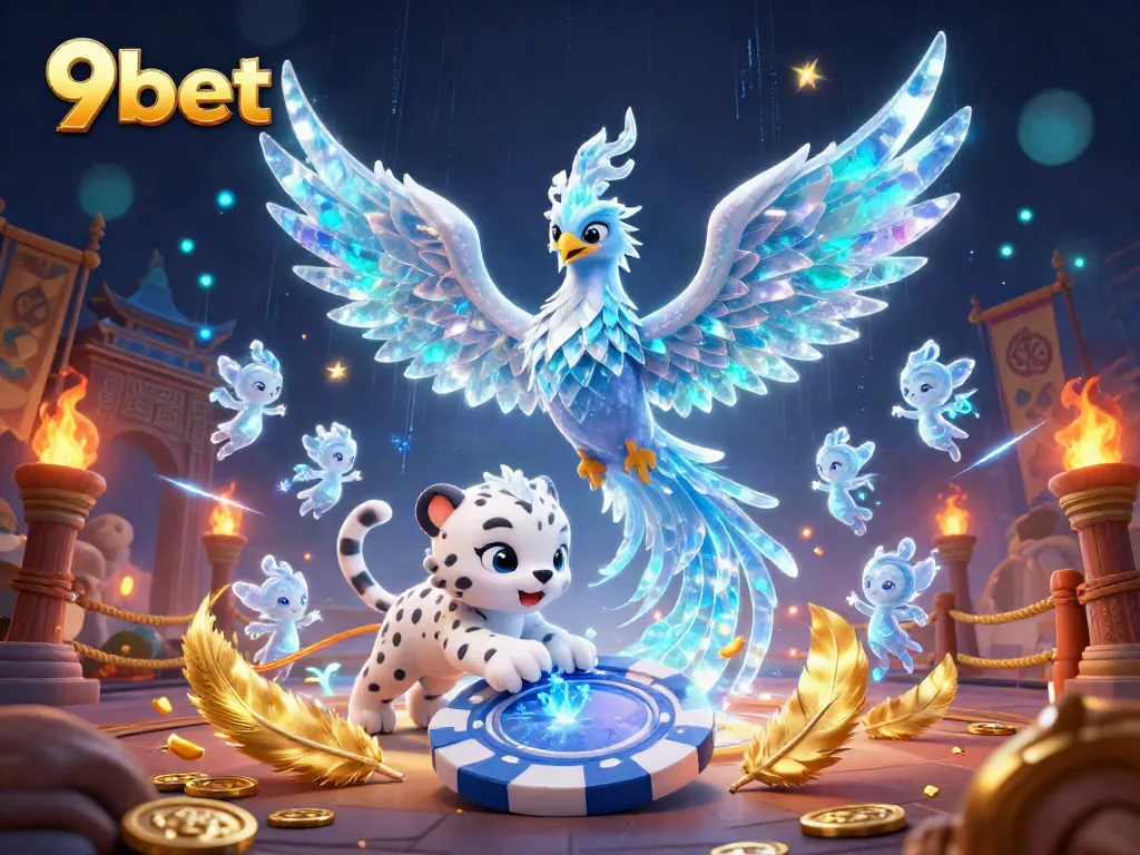Experience thrilling gaming at 9bet with a vibrant 3D casino scene showcasing an ice phoenix and playful elements.