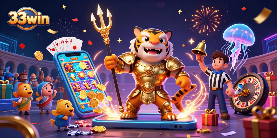 Experience thrilling wins at 33win with a lively underwater casino scene featuring a shark and celebratory game elements.