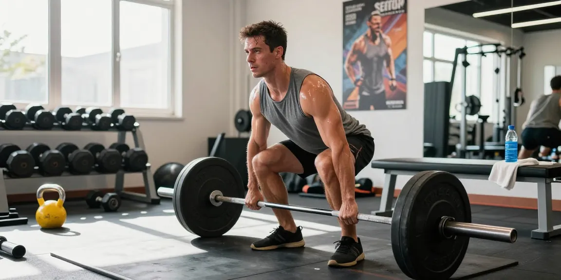 Esteroidesshop: Hombre levantando pesas en un gimnasio moderno, mostrando fuerza y dedicación.