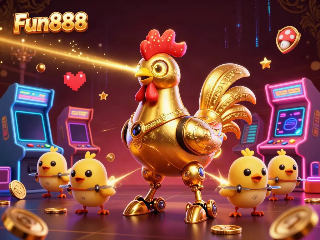 Experience thrilling gameplay in Fun888 with a vibrant 3D casino scene featuring futuristic characters.