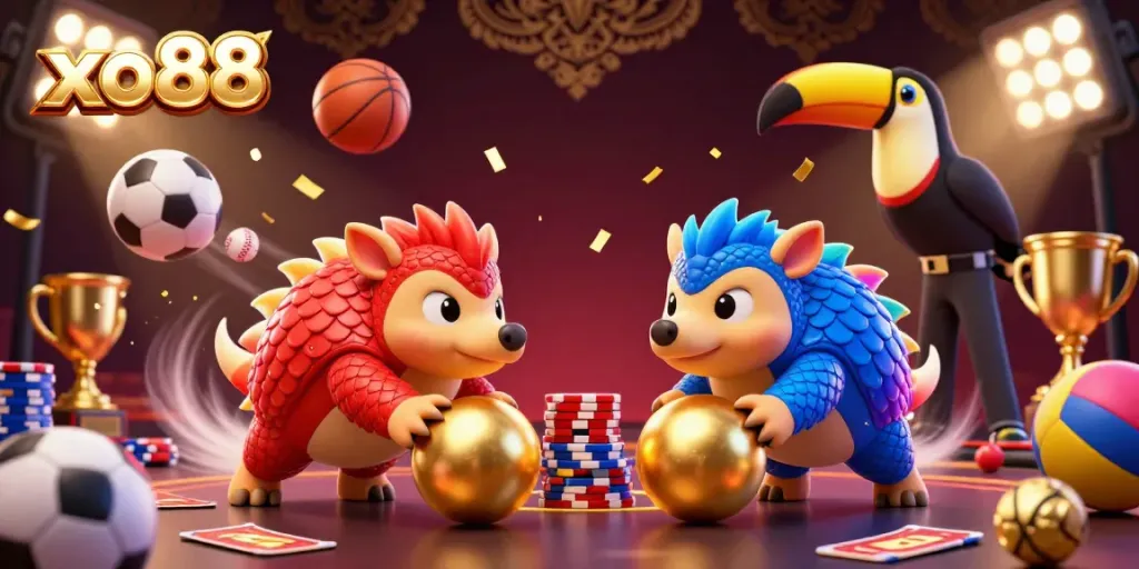 Experience the excitement of gambling at xo88 with animated pangolins amidst sports betting action.