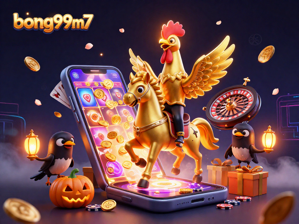Engaging scene showcasing bong99m7 with a golden rooster at a casino, surrounded by immersive gaming elements.