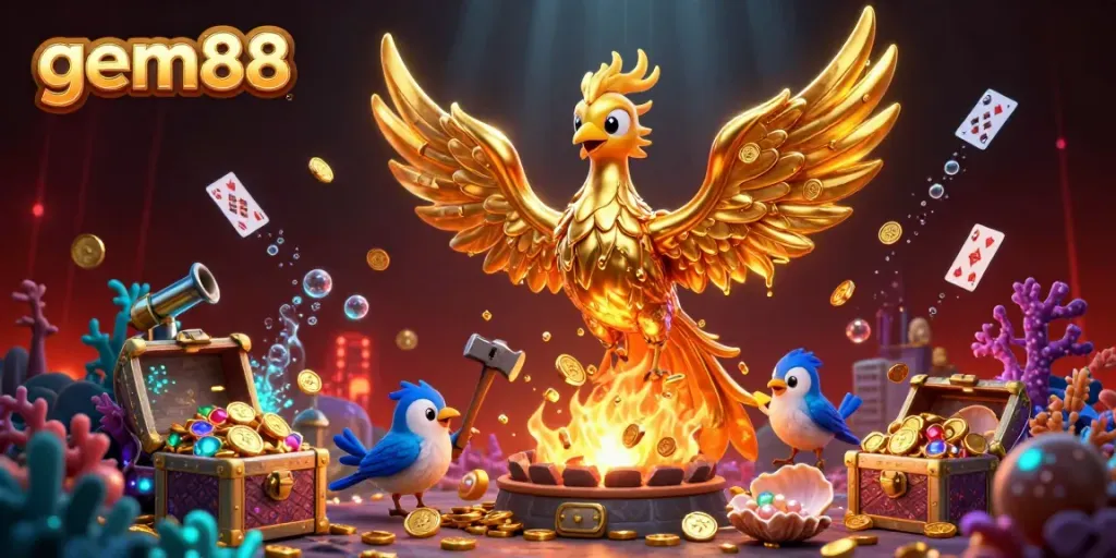 Experience the richness of gem88 with a molten golden phoenix and a treasure-filled underwater scene.