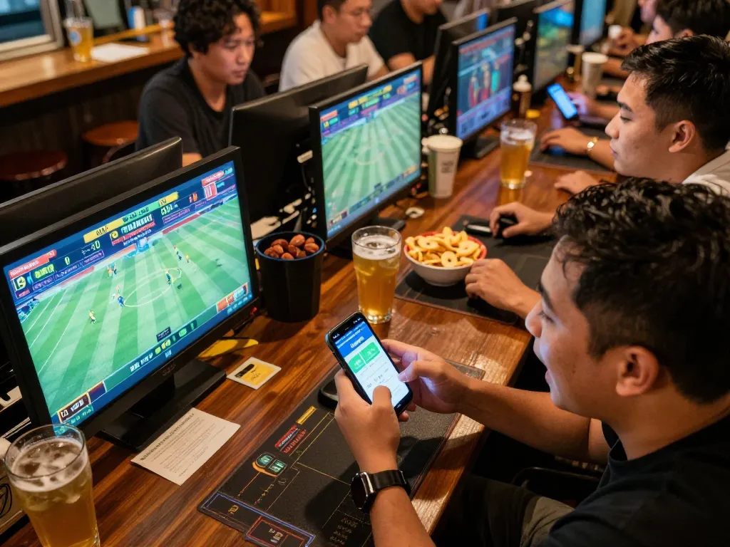 Placing a bet on keo nha cai hom nay at a vibrant sports bar with friends enjoying the game.
