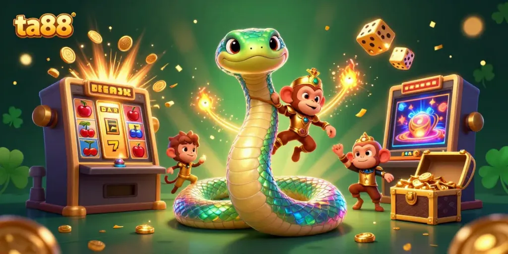 Engage with ta88's vibrant gaming world featuring a dynamic illustration of a jackpot event and winning characters.