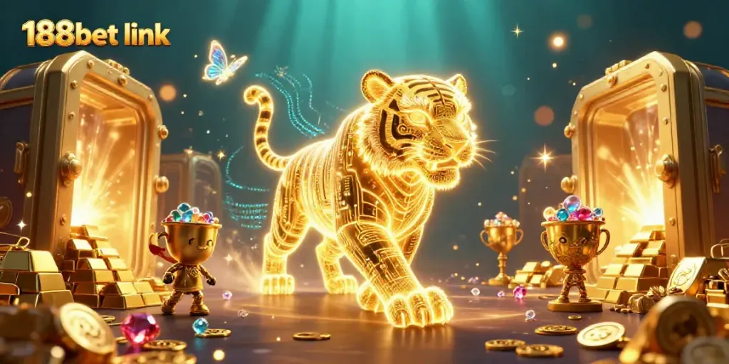 Engage with the 188bet link in a vibrant casino scene featuring a golden tiger and treasures.
